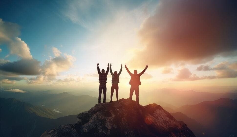 Three people on top of a mountain with their hands in the air.