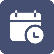 A blue and white icon of an open calendar with a clock.